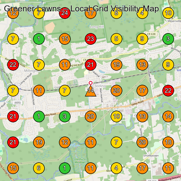Greener Lawns Lawn Care Service GeoGrid ranking map for Millington NJ